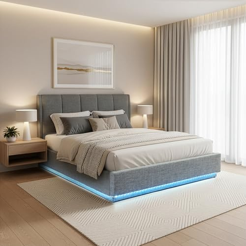 [en.casa] Polsterbett 140x200 cm Tröstiar Leinen Anthrazit | Doppelbett mit LED-Beleuchtung, Bettgestell 140x200, Stauraum, Gepolstertes Kopfteil, Bettkasten, aufklappbarer Lattenrost