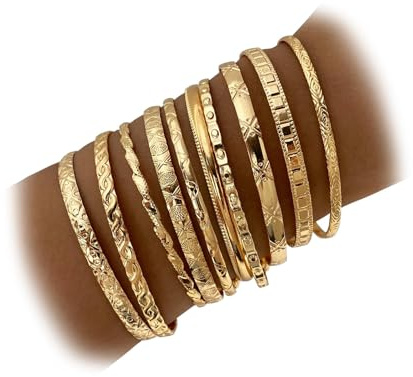 YEAMLTE 10 Stück Goldener Armreif, Boho Armreif Gold Indischer Schmuck Armband Set, 14K Stapelbare Mehrschichtiges Armreifen Set, Mehrschichtiges Texturdesign, für Partys, Festivals und Hochzeiten