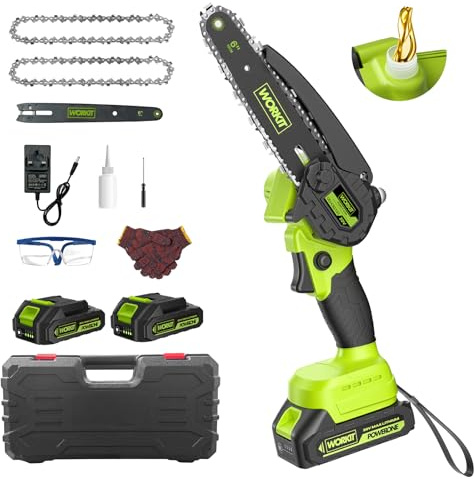 WORKIT 6 Inch Mini Chainsaw Brushless & Cordless, Upgraded Motor & 2X 2000mAh Batteries with 60+ Mins Runtime, Electrical Chainsaw with Auto Oiler & Safety Lock for Wood Cutting, Garden Pruning