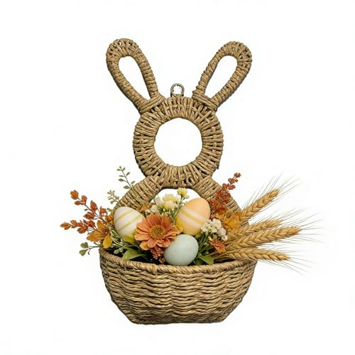 Osterhasen-Wandkorb – Rattan-gewebte Osterhasen-Dekor-Wandtasche, natürliche Weiden-Hängetasche, handgefertigter Leporid-Pflanzgefäß, Landdekoration für Zuhause, Bauernhaus, Outdoor und Zaun