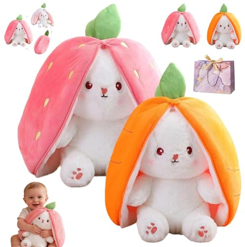 18/25/35/60cm Erdbeerhasen Kissen Plüschtier mit Reißverschluss - Stofftier Plüsch Hasen Versteckspiel & Kuscheltier Osterhase Puppe, Hase Plüschtier Verstecken Rosa als Ostergeschenke (C,35cm)