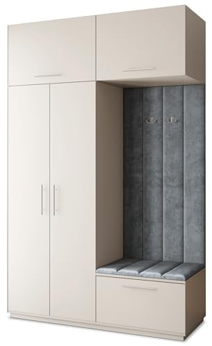 Masseno Flugarderoben Set Rema, Kleiderschrank-Set mit Sitzbank, Garderobenschrank Flur mit 5 Regalböden, Kaschmir