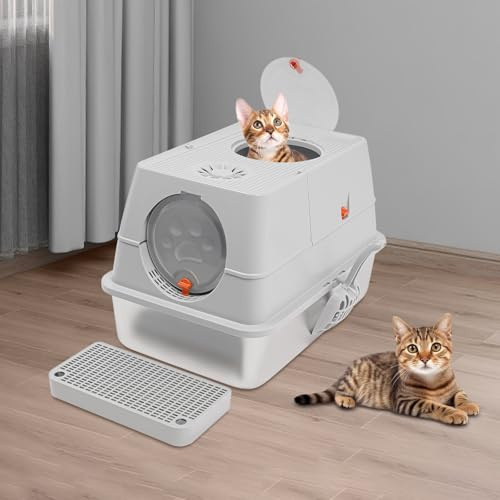Geschlossene Katzentoilette Geruchsdichte Katzenstreu Box mit Aktivkohlefilter PP und ABS, Khaki, 60x40x39 cm, rutschfeste Katzen WC mit Schaufel, für Katzen bis 10 kg, Hellgrau