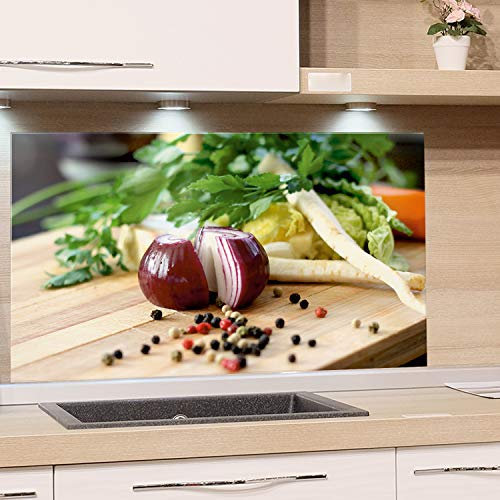 GRAZDesign Küchenrückwand Glas Zwiebel mit Kräuter Spritzschutz Herd | Druck hinter Glas | Bild Motiv Gewürze Rückwand Küche, Glasplatte mit Motiv Küchenmotive, 100x50cm