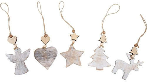 Decorazioni albero di Natale in stile shabby chic, set da 5 pezzi assortiti, legno
