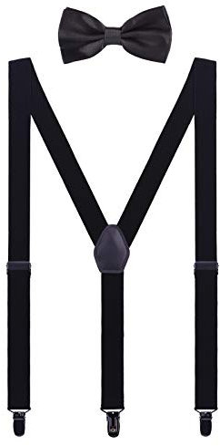 WANYING Herren Hosenträger Fliege Set - 3 Schwarz Clips Y Form 2,5cm Hochelastisch Hosenträger für Herren Körpergröße 150-200cm - Schwarz