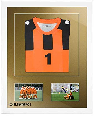 Bilderrahmen Trikotrahmen stabil RahmBig Weiß 50 X 70 cm Rahmen für Trikots, Sport shirts + Passepartout Gold