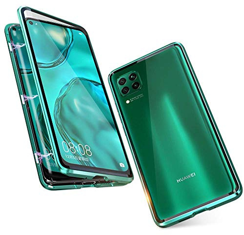 Gypsophilaa Hülle für Huawei P40 Lite Magnetische Adsorption Tech Handyhülle 360 Grad Schutz Starke Magneten Aluminiumrahmen Gehärtetes Glas Stoßfest Metall Flip Handyhülle