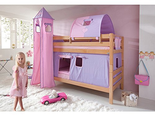 Relita Etagenbett Brit mit Stoffset lila/weiß, Buche massiv Natur lackiert