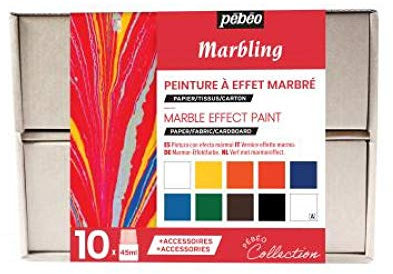 Pébéo - Coffret Collection Marbling - Kit Peinture à Effet Marbré - 10 Flacons Bouchon Pipette de 45 ml Épaississant Inclus + Accessoires + Guide