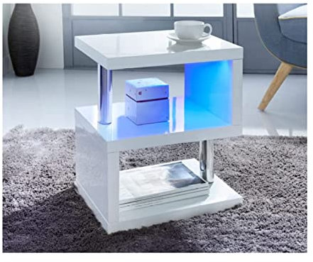 spot on dealz® High Gloss 2 Tier Side Coffee Table With LED Light Stunning Design Modern Look With Steel Tubes Living Room Decoration White Battery Operated
