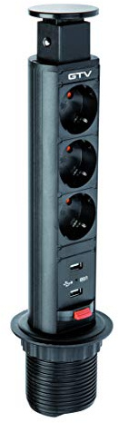 GTV Ausziehbare Schreibtisch-Steckdosenleiste Ø 60 mm, Schwarz | 3 x Schuko, 2 x USB 2,1 A, 5 V