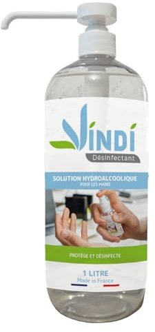 Vindi Désinfectant solution hydroalcoolique - Flacon pompe de 1L - Fabrication Française - 76% d'alcool - Désinfection des mains et des surfaces - Virucide