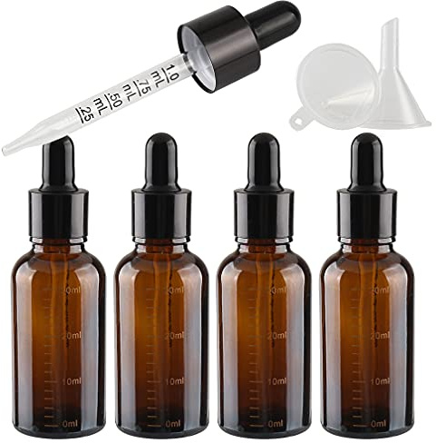 TIANZD 4 Pièces 30ml Flacons en Verre Marron avec Pipettes Graduées, 30 ml Bouteilles Échelle Compte-gouttes en Verre Vides Pour Mesure Les Huiles Essentielles Aromathérapie