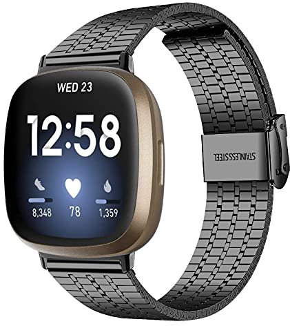 Edelstahlarmband Kompatibel Mit Fitbit Versa 3/Versa 4/Sense/Sense 2, Metall Ersatz Uhrenarmband für Damen Und Herren, Small/Large, Edelstahl (Schwarz 02)
