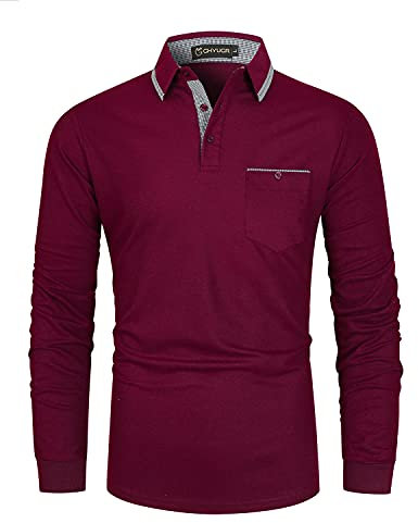 GHYUGR Men's Polo Shirt Long Sleeve Plaid Splice Collar Golf Tennis T-Shirt,Red,M