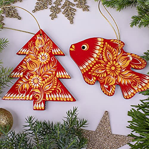 Besonderer Weihnachtsschmuck Fisch und Tannenbaum Holzfiguren Handgemacht - Nostalgischer Handbemalter Christbaumschmuck 2 St. Set mit Ukrainischer Malerei
