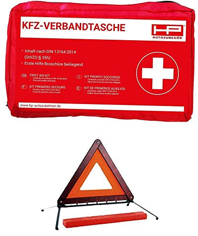 HP Autozubehör 10039 KFZ-Verbandtasche in Rot-Mindesthaltbarkeit Minimum 4 Jahre, Red + 10132 Warndreick Mini 430x55x34mm Metallfüße