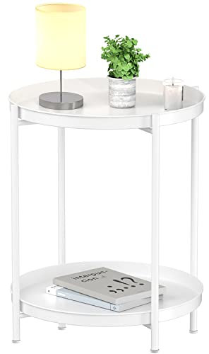 EKNITEY 2 Tier End Table - Metal Side Table Waterproof Small Sofa Side Tables Bedroom Indoor Outdoor with Removable Tray for Living Room Bedroom Balcony and Office (White)