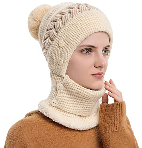 Hutschal-Set, Wintermütze-Set, Schal und Mütze, Set für Damen, Schal, Mütze und Maske, Set für Damen, beige, Einheitsgröße