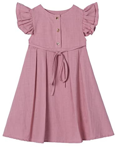 Ugitopi Kleines Mädchen Flatterärmel Baumwoll-Leinen Kleid Kleinkind Kinder Doppelte Rüschen Freizeitkleider Dusty Rose 100