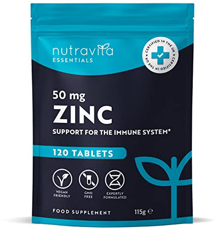 Zinc Tablets 50mg – 120 High Strength Vegan Tablets (4 Months Supply) – Highly Absorbable Zinc Supplements for Maintenance of Normal Immune System, Bones, Hair, Skin & Nails – Made in UK by Nutravita
