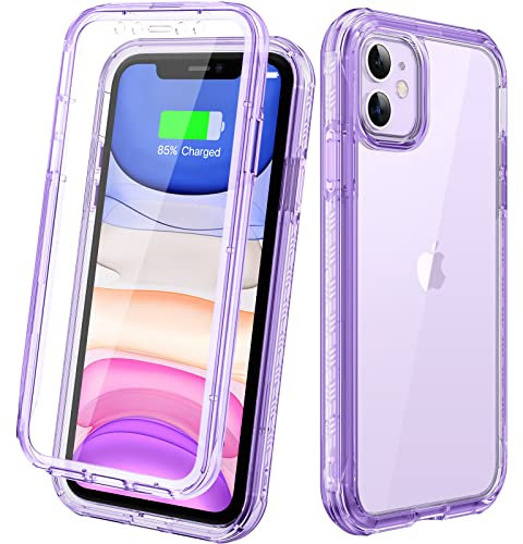 Diaclara Compatible with iPhone 11 Case, Full Body Rugged with Built-in Touch Sensitive Anti-Scratch Screen Protector, Soft TPU Bumper Case Clear Compatible with iPhone 11 6.1 (Clear Purple)