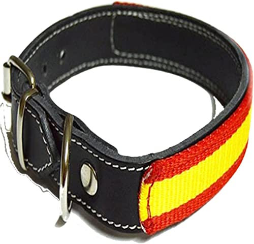 Collar de Cuero para Perro con Bandera de España - Artículos de Caza, Negro (70cm)