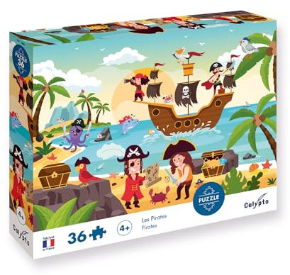Calypto 3907600 Piraten, 36 Puzzle mit Soft-Touch, Kinderpuzzle mit großen Teilen und samtiger Oberfläche inkl. Puzzleposter, für Kinder ab 4 Jahren, Piratenschiff, Schatzinsel