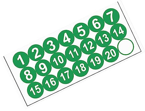 METALLIXITY Round Number Stickers (38mm/1.50) 20Pcs, PVC Number 1-20 Self Adhesive Labels - for Home Storage Boxes Mailbox, White/Green