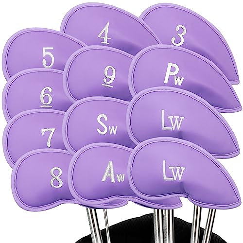 Golf Club Headcovers Iron Synthetic Leather Deluxe Value 12 Pcs/Set, Golf Head Covers with Number Printed Durable Light for Men Women Color Black Blue Red Universal Fit All Irons Clubs (Purple)