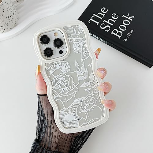 XIZYO Clear Rose Case for iPhone 13 Pro Max 6.7 inch, Cute Flower Floral Pattern Curly Wave Frame Aesthetic Phone Case, Transparent Soft TPU Luxury Slim Shockproof Protective Cover, White