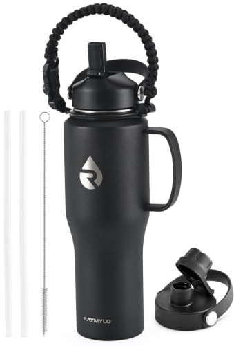 RAYMYLO 946ml Insulated Water Bottle with Handle, Triple Wall Vacuum | Cold 48 hrs, Stainless Steel with Straw Lid & Paracord Handle, Leakproof Travel Flask