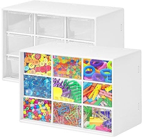 2Pcs Small Drawer Organiser, 9 Drawer Storage Containers Desktop Art Craft Storage Box, Plastic Organiser Cute Designs Removable Drawers for Sewing, DIY Crafts, Office Supplies, Jewelry (White)