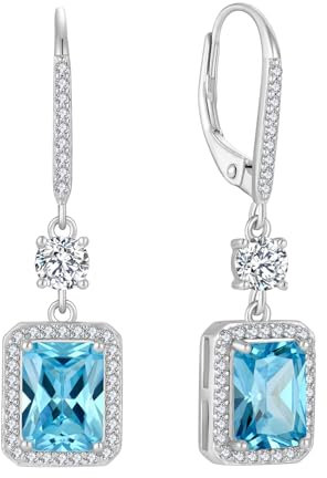 FJ Quadrat Prinzessschliff Hängend Ohrringe Damen 925 Sterling Silber Solitaire Halo Aquamarin Ohrringe März Geburtsstein Schmuck Geschenke für Frauen