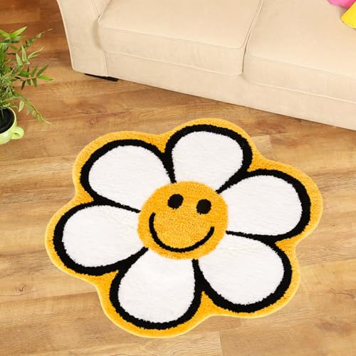 Whaline Smile Face Badteppich Sonnenblume Happy Face getuftet Badematte rutschfest saugfähig Badezimmer Dusche Teppiche Haustür Matte Teppich Bodenteppich für Zuhause Küche Schlafzimmer Eingang WC