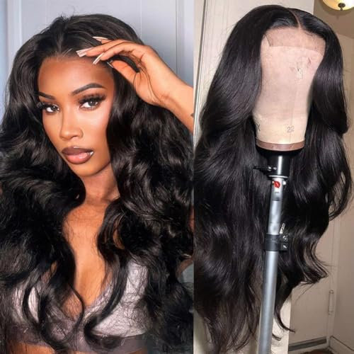 DÉBUT Body Wave Lace Front Perücke Echthaar 4×4 Lace Front Perücken für Frauen HD Lace Front Perücke Echthaar 180% Dichte Vorgezupft mit Babyhaar Kleberlose Perücken(65 cm, Natuarl Schwarz)