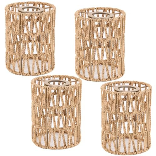 Fuloon Lampenschirm Rattan 4er Set E26 E27, Boho Lampenschirm Hängelampe Stehlampe Lampenschirm für Tischlampe Wandleuchte, Rattan Lampenschirme für Küche Schlafzimmer Wohnzimmer (4er Set)