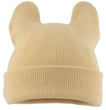 Winter Mütze mit Ohren Damen Gestrickte Wintermütze Warm Niedliche Katzenohren Strickmütze Skifahren Wollmütze Outdoor Beanie Mützen Beige