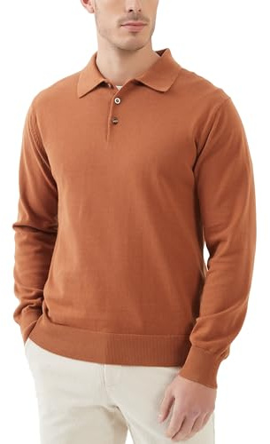 Kallspin Herren 100% Baumwolle Polo-Strickhemd Langarm-Pullover Freizeitpullover mit Knöpfen(Karamell, L)