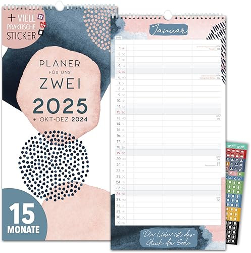 Paarplaner 2025 3 Spalten PASTELL Planer für Zwei 2025 und Okt-Dez 2024 Partnerkalender 16x32,5cm Paarkalender f. Paare 2025 Wandplaner 2 Personen STICKER Recycling Urlaub, Pflanzkalender Wasserfarben