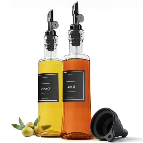 Greymount ® Ölflasche Set - 2er Pack 300m Essig und Ölspender aus Glas mit Ausgießer Schwarz für Olivenöl und mehr | Auslaufsicher und Tropffrei | Inklusive 27 Etiketten und Trichter