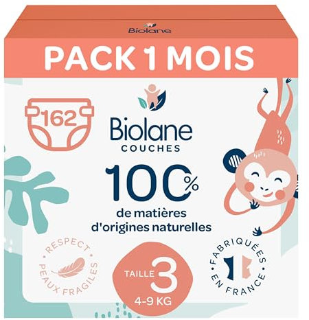 BIOLANE - Couches bébé taille 3 - (4-9 kg) - Peaux Sensibles - Ultra-Absorbant, Pas de Fuite, jusqu'à 12h au Sec - Confort & Protection - Pack 1 mois 162 couches - Fabriqué en France