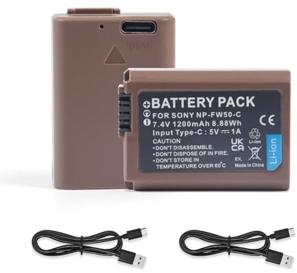 Oyomba NP-FW50 Lot de 2 batteries de rechange, 1200 mAh, type C, charge directe, pour Sony ZV-E10, A7, A7SII, A7R, A7RII, A3000, A6000, A6300, A6500, RX10, Sony NEX 3/5/7 et SLT-A