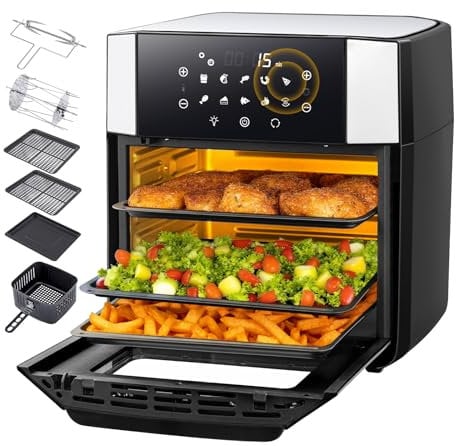 LLIVEKIT 15L Air Fryers Oven with Rotisserie, 90% Less Oil Airfryer, 10-In-1 LED Touch Screen, 7 Accessories 1 Cookbook, Mini Oven with Fry, Bake, Grill, Roast, Stainless Steel, 1800W