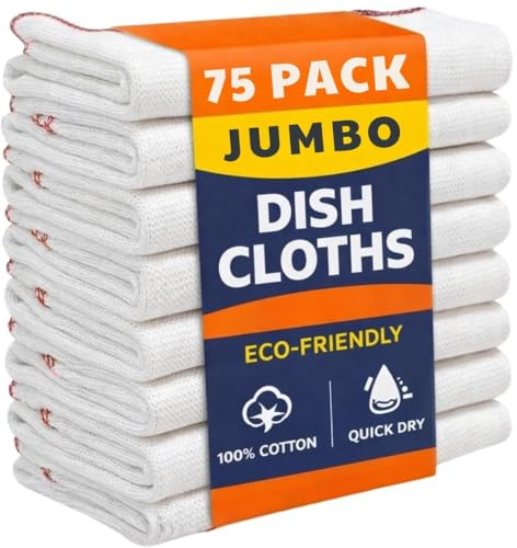 Reusable Jumbo Cleaning Cloths, Dish Cloths for Washing Up 75 Pack, Kitchen Cleaning Cloth, Tea Towels for Kitchen, Extra Large Dish Cloths for Washing Up, Highly Absorbent White (52X38Cm)