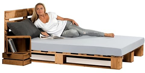 Lermowood Palettenbett M1 aus Holz 160 x 200 cm Eiche mit Kopfteil Holzbett 20cm Stabiles Seniorenbett Kinderbett Jugendbett Gästebett erhöhtes Einzelbett Bettgestell Futonbett Komforthöhe Naturholz