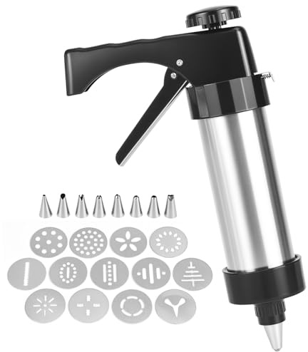 QWORK Stainless Steel Cookie Press Gun Kit - Includes 13 Cookie Discs and 8 Piping Tips, Ergonomic Design
