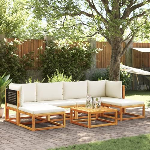 IKAYAA Gartenlounge Holz Gartenmöbel Set Holz Gartenlounge Outdoor Schwarz und Creme Terassenmöbel außen Balkon Lounge Sitzgruppe Lounge Sofa Garten-Sofagarnitur Ecklounge Outdoor 7-TLG Type-3