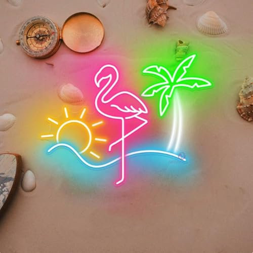 Dimmbare Summer Leuchtreklame LED Acryl Rosa Flamingo Grüne Palme Neon Kunstlicht Beleuchtete Dekoration, Personalisiertes Neonlicht für Mädchenzimmer, Meer, Hotel, Strand, Poolparty,44x28CM